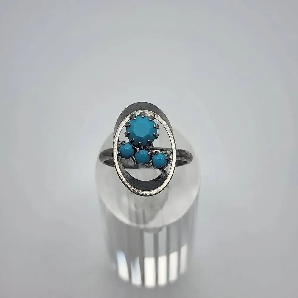 Vintage Ram-Zor Turquoise Rhinestone Silver Tone Adjustable Ring